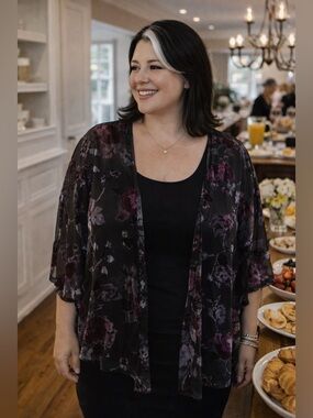 Beautiful kimono style top, purple and black floral. 2X